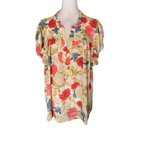 NWT Rose + Olive Plus Size 2X Colorful Floral V Neck Short Sleeve Blouse Rop